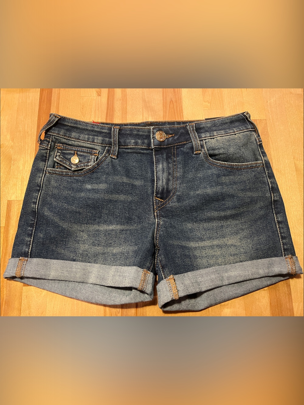 True Religion Dark Blue Rolled Cuff Jean Shorts